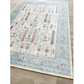Beige Oushak Rug, Modern Small Rugs, Vintage, Turkish, Eclectic, Floral, Pastel, Washable, Door Mat, Doormat for Indoor Entrance, Entryway, Kitchen, Bathroom, Bedroom, Laundry, 2'x3'