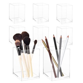 YKUKIZEE 8Pcs Acrylic Pen Holder Clear, Acrylic Square Pen Pot, Transparent Pencil Cup for Desk Makeup Brush Stationery Organizer