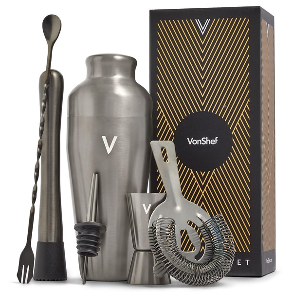 VonShef Cocktail Shaker Set, Graphite 6pc Set with 550ml Parisian