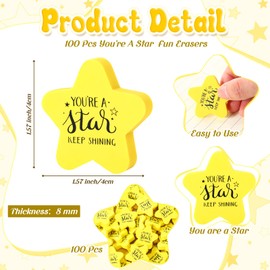 Spakon 100 Sets Valentines Day Inspirational Star Erasers for Kids 1.57" Cute Star Shaped Erasers Bulk Fun Motivational Gifts for Students Classroom Rewards School Prizes Party Favors (Keep Shining)