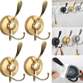 Boxonly No-Drill Suction Cup Duck Tongue Twin Hooks,2024 Upgraded Stainless Steel Waterproof Hooks for Bathroom,Shower,Kitchen,and Mirrors–Heavy Duty Towel Holders (4 Pcs, Gold)