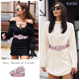 Women Men Western Rhinestone Studded Leather Belt Cowgirl Cowboy Bling Waist Belt for Jeans Dress,Pink,Fit Waist Size 27-31 Inches