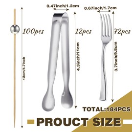 Therwen Mini Forks for Appetizers Serving Tongs Fancy Toothpicks Dinnerware Set, Include Disposable Appetizer Forks Cocktail Toothpicks Tongs Charcuterie Utensils for Christmas(Silver,184 Pcs)