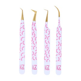 M M LASH Tweezers for Eyelash Extensions (Set of 4) - Professional Lash Extension Tweezers - Fiber Tip, Japanese Steel, Diamond Grip Eyelash Extension Tweezer (F-SET)