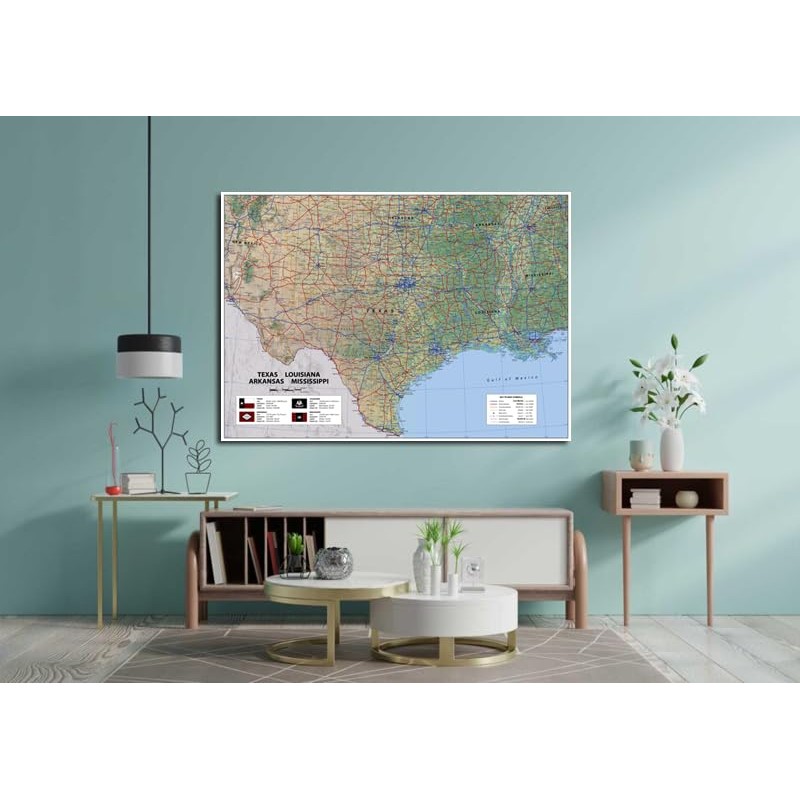 Texas, Louisiana, Arkansas & Mississippi States Physical Map - 23.3