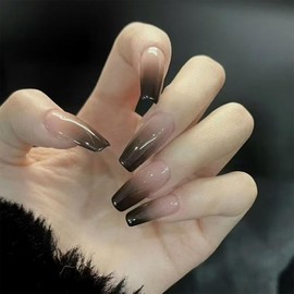 IMSOHOT Black Press on Nails Long Coffin Fake Nails Gradient Glossy Glue on Nails Full Cover Ballerina Acrylic False Nails Stick on Nails for Women Girls 24Pcs