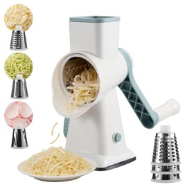 Rotary Cheese Grater hand crank 3 blades with Stronger Suction Base | Stainless Steel Blades for Fruits, Vegetables, Nuts. Dishwasher Safe & Easy to Clean, White