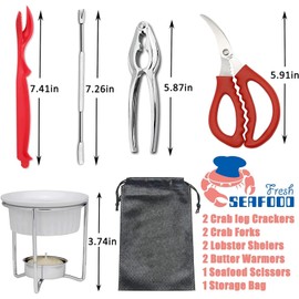 10PC Crab Lobster Crackers Tools, Butter Warmers for Seafood Tools Set Includes 2 Crab Crackers, 2 Lobster Shellers, 2 Crab Leg Forks, 1 Seafood Scissors, 2 Butter Warmers and 1 Storage Bag