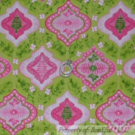 Signature BonEful Fabric FQ Cotton Quilt Green Bright Pink White Flower Damask Leaf Swirl