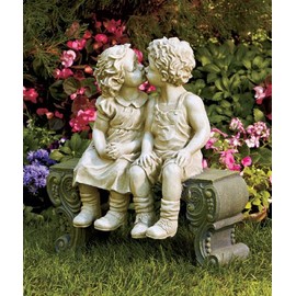Cute Garden Smooching Children Boy Girl Sitting on Bench Statue Whimsical Flowerbed Yard Outdoor Sculpture Decor
