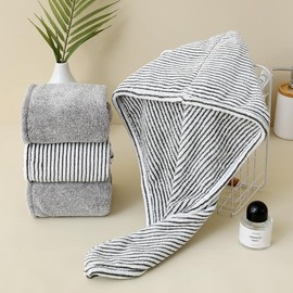 Hair Towel Wrap, 2 Packs Microfibre Hair Turbans for Fast Drying, ldeal for Travel, Curly Wet Hair (Gray+Stripe)