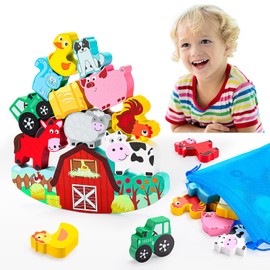 IPOURUP Montessori Toys for Kids 3-7 Wooden Farm Animal Blocks Stacking Games Educational Toy for 3 4 5 6 Year Old Girls Boys Birthday Gifts Toddler Balance Game for Boy Girl Age 2-4