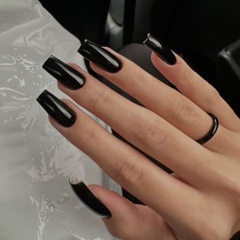 KQueenest Press On Nails Long Almond Square Coffin Nails for Sticking, Black, Shiny Jelly Gel Fake Nails Fingernails for Sticking Ballerina, Plain Acrylic False Nails for Women, Pack of 24