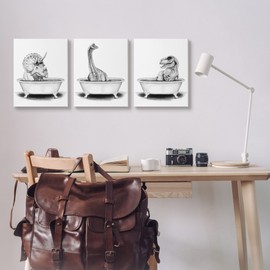 Stupell Industries Dinosaurs Bathing Bathroom Tub 3pc Canvas Wall Art Set, Design by Rachel Nieman