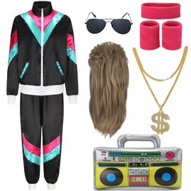 FOVER 80s Outfit Men's 80s 90s Accessories Women's Costume Tracksuit Pop Art Retro Style with Wig Inflatable Radio Sweatband for Theme Party Fancy Dress Black 027XXL