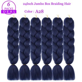 Jumbo Box Braiding Hair Extensions 24 Inch Dark Blue High Temperature Synthetic Fiber 6 pcs Colored Braiding Hair Twist Crochet Braids for Black Women(24",A28)