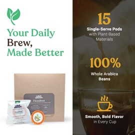 Love Grown Compostable Coffee Pods - Compatible with Single-Serve Brewing Machines - 100% Arabica Beans, Plastic-Free, Gluten-Free, Non-GMO -Hazelnut, Box of 15