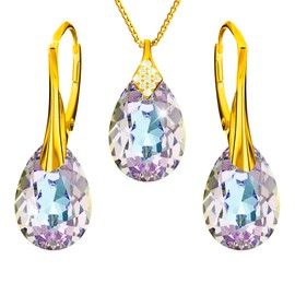 PANDA LUXURY JEWELLERY Gold-Plated 24K Jewellery Set for Women Earrings Silver 925 Hanging Earrings with Necklace Pear Crystals Stone 12 Birthstone Chain Women with Pendant Jewellery Girls, Sterling