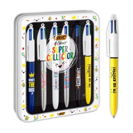 BIC 4 Colors Messages Medium Point Pens (1.0mm) - Various Messages, Metallic Box with 6 Units