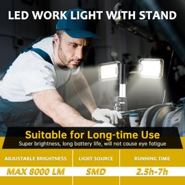 8000 Lumen Rechargeable LED Work Light with Stand, Portable Cordless Work Light with 2 Powerful Adjustable LED Lamps, IP44 Waterproof Tripod Worklights for Outdoor Indoor Job Site Workshop Garage