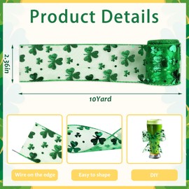 Threetols St. Patrick's Day Wired Ribbon, 2.5" 10 Yards Shamrock Organza Decorative Ribbons Green Glitter Lucky Clover Wired Edge Wrapping Ribbon for Home Decor Gift Wrapping Wreath Wedding DIY Craft
