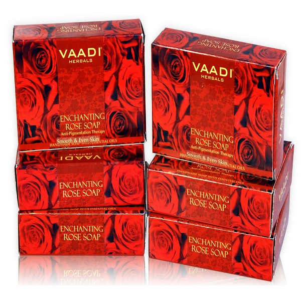 Vaadi Herbals Red Rose Petal Soap - Handmade Herbal Soap with 100% Pure Essential Oils - ALL Natural - Each 2.65 Ounces - Pack of 6 (16 Ounces)
