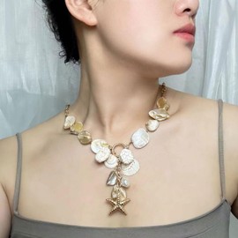 Shell Starfish Necklace Gold Starfish Necklace Seashell Necklace Sea Starfish Necklace Conch Necklace Summer Beach Jewelry (white)