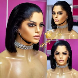 UMEGOOD Bob Wig Human Hair 13x4 HD Lace Frontal Short Straight Lace Front Wigs Human Hair Pre Plucked Bob Wigs for Black Women 200% Density Natural Black 10 Inch