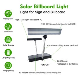 Solar Sign Lights Outdoor, 420 led 2600 Lumen Solar Sign Light, 12000 mAh Billboard Lighting for Bussiness, Real Estate, Shop, Bus Stop, HOA, Highway Signs, Commercial, Black