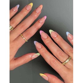 Almond Shape Spring Pastel Rainbow French Tip Press-On Nails, 24 Pieces, with Nail File, Glue, Nail Case, and Adhesive Tabs