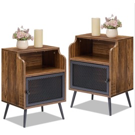 VECELO Modern Nightstand Set of 2, End Table with Storage Cabinet, Industrial Night Stand with Open Drawer Shelf for Living Room, Bedroom, Brown