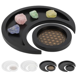 TRULLIMORE Black (Flower of Life) Crystal Holder Moon Tray for Crystals and Healing Stones, Crescent Moon Decor, Gifts for Crystal Lovers