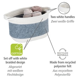 WENKO Bea M Felt Basket with Two White Handles, Made from Recycled Polyester Felt in Light Grey with White Wicker Design, 80% Polyester / 20% Cotton, 5 Litres, 24 x 16 x 16 cm