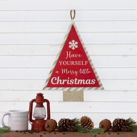 16" Red and White Merry Little Christmas Tree Wooden Hanging Wall Sign