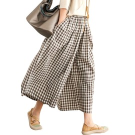chouyatou Women's Cotton Linen Pants Elastic Waist Plaid Gingham Wide Leg Capri Palazzo Pants (Large, Coffee Brown)