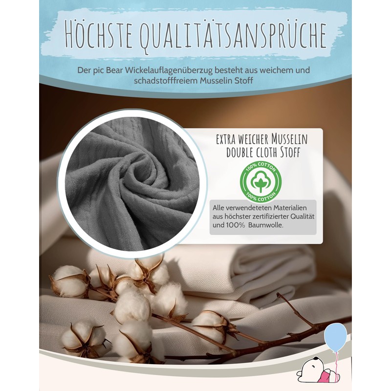 pic Bear Wickelauflagen Bezug 75x85cm - 100% Musselin Baumwolle, Elastischer