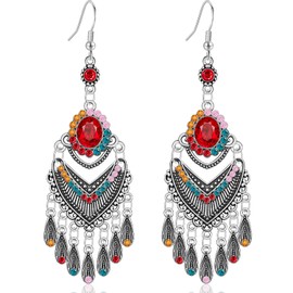 Ricarmo Bohemian Vintage Sliver Hollow Chandelier Lightweight Dangle Drop Earrings Teardrop Crystal Enamel Fringe Hook Earrings For Women (Color)
