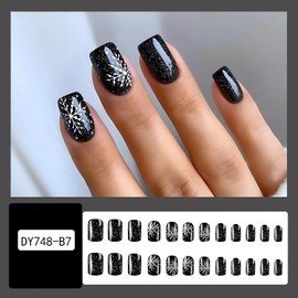 LPOODDNU Black Christmas Press on Nails Short Square Fake Nails White Snowflake Design Glue on Nails for Women Short Winter False Nails Full Cover Christmas Acrylic Nails for Nail Art Decorations