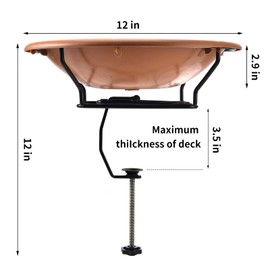 Jealoeur Bird Bath Deck Mounted 12 Inches, Deck Adjustable Steel Clamp 3.5 Inches, Balcony Railing Birdbaths Unheated(Brown)