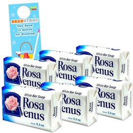 Rosa Venus White Bar Soap Bundle - 6 Pack Rosa Venus Jabon de Bano Blanco 5.3 oz Soap Bars with Door Hanger | Gentle Foaming Bar Soap