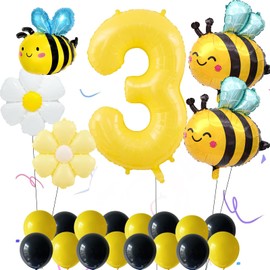 JKGOO Bee & Daisy Balloons 40inch 3st Birthday,Yellow Number Balloons for Bee Birthday Party Decorations, Cute Bee Party Decor with Flower Balloons, DIY Bee Themed Party Supplies (Number 3)