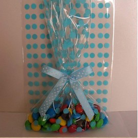 Weststone 25pcs 5"x8" Polka Dot Blue Gift Cello Bag + Pre-Tied Ribbon Bow for Cookie Candy Snack Wrapping Party Favor