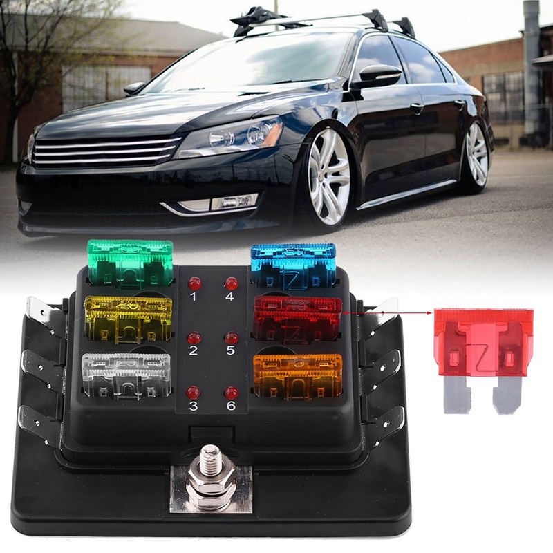 6 Way Circuit Blade Fuse Box Block Holder With LED