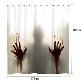 Milya Shower Curtain Bath Curtain Horror Aid with Bloody Hands Theme with Hooks, Anti-Mould, Waterproof, Polyester, 150 x 180 cm / 175 x 180 cm