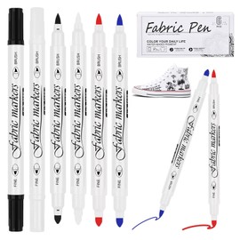 Textile Pens, Machine Washable, Pack of 6, Dual Tip Textile Markers, 1-5 mm Fabric Pens, Washable, Non-Toxic Textile Paint, Fabric Colouring Pens for T-Shirt, Fabric Bag Textiles (Black, White, Blue,
