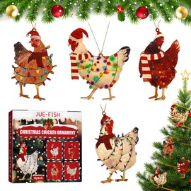 Set of 4 Wooden Christmas Pendants Chicken, Christmas Tree Decoration Chicken, Wooden Chicken Christmas Pendant Set, Rooster Christmas Decoration Pendant Decoration, Christmas Tree Pendant