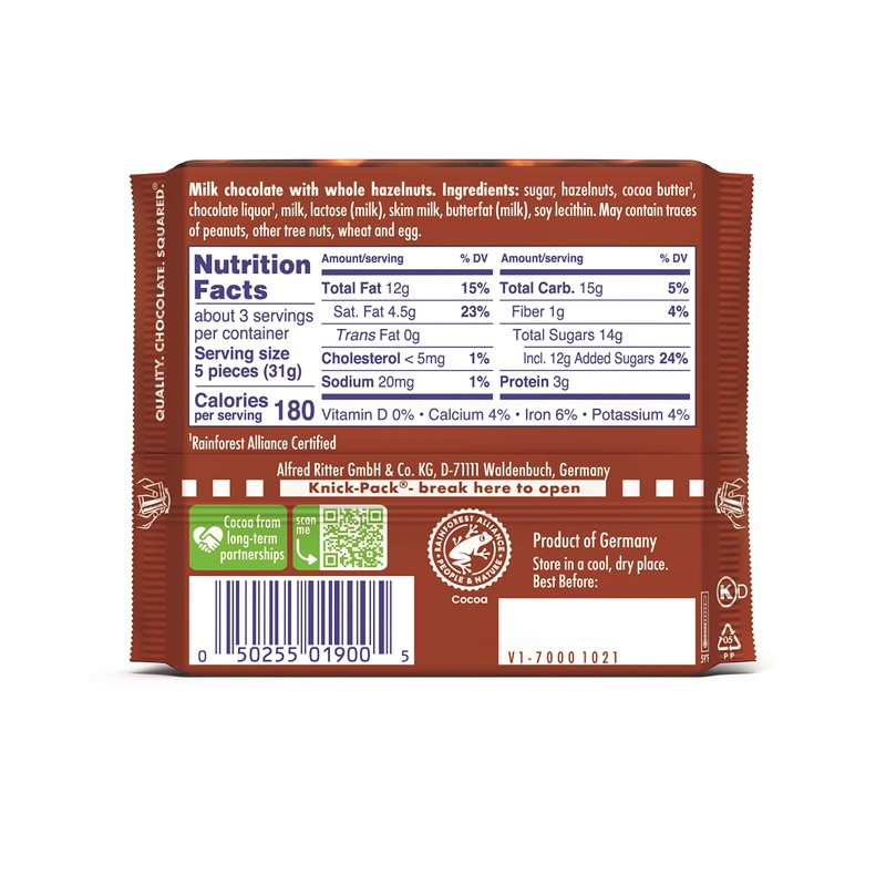 Ritter Sport Chocolate Bars with Nuts (Milk Chocolate with Hazelnuts,