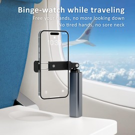 Exlliy Airplane Phone Holder, Portable Travel Holder for Desk with Multi-Directional 360 Degree Rotation, Pocket Size Foldable Multi-Way for Tray Table, Train Travel Accessory (Grey)