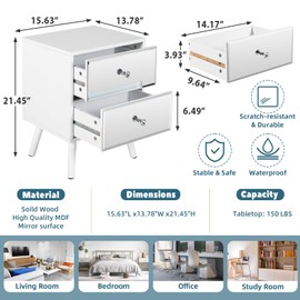 STHOUYN STHOUYN White Nightstand Set of 2, Mirrored Bedside Table Set of 2, Modern Bedroom Night Stands with 2 Drawer, Bed Side Table/Night Stand, End Tables Decorative Table Living Room (White)