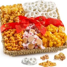 Nut Cravings KREMERY Creamy Chocolate Cravings - Easter Treats, Chocolate Covered Pretzels & Caramel Popcorn Gift Basket, in Seagrass Tray + Ribbon (Classic, 1.5 lbs) Birthday Care Package - Kosher Dairy, USA Made